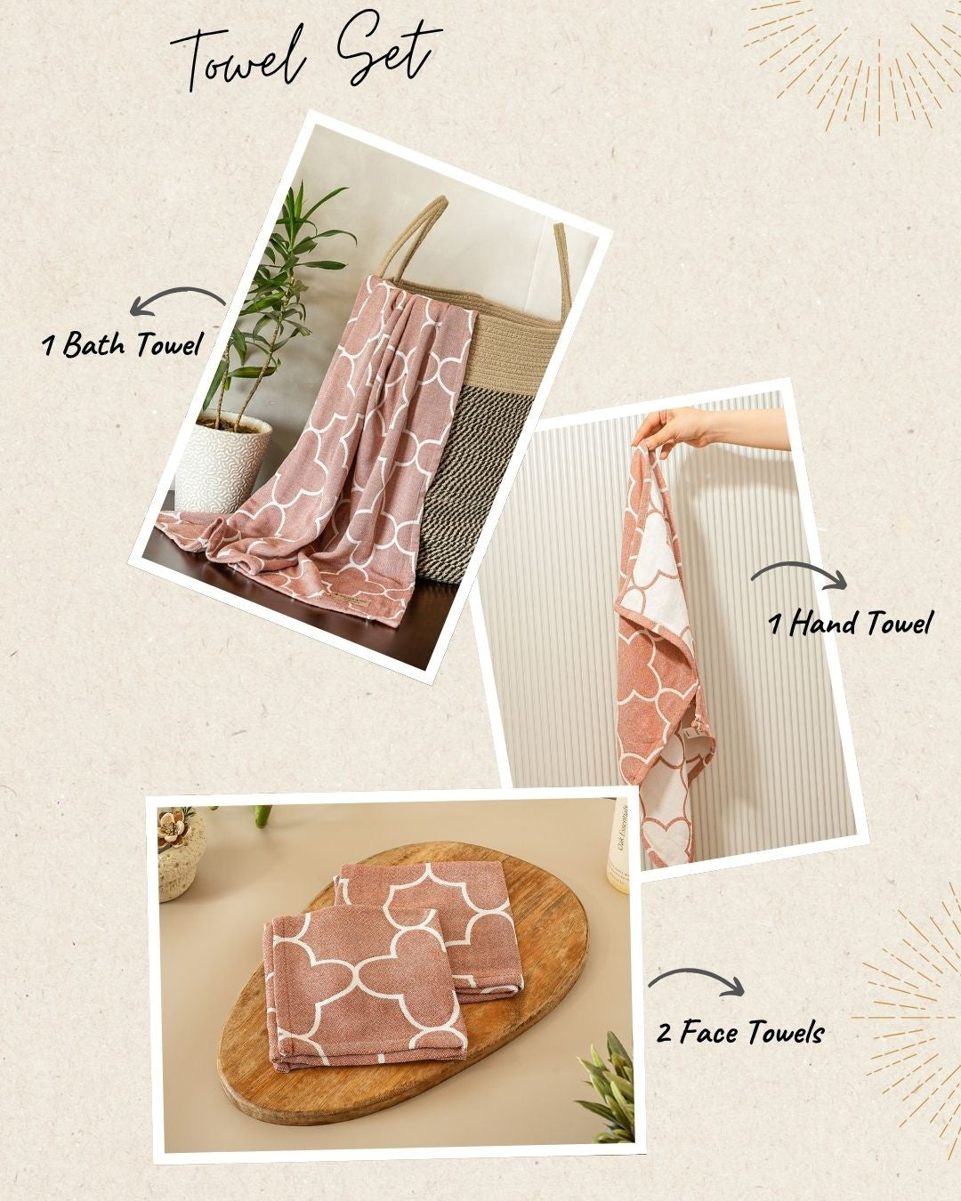 Quatrefoil Jacquard Towel Set of 4 | 1 Bath + 1 Hand + 2 Face Towels | Rust