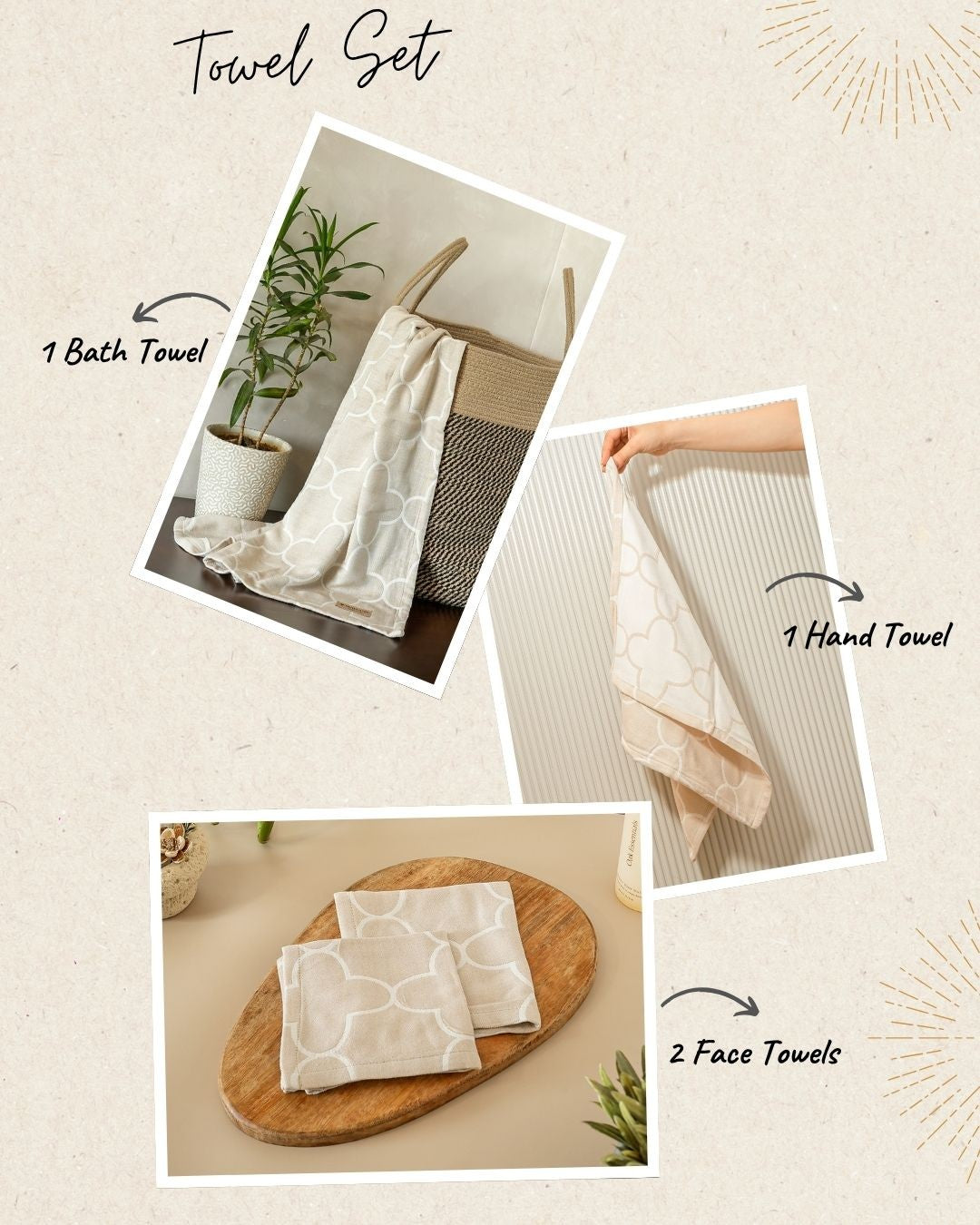 Quatrefoil Jacquard Towel Set of 4 | 1 Bath + 1 Hand + 2 Face Towels | Sand