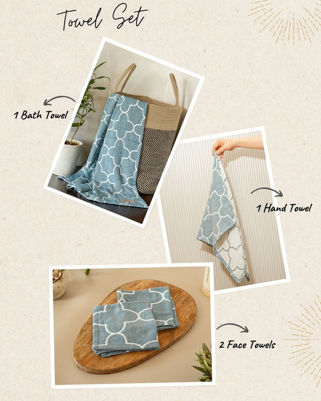Quatrefoil Jacquard Towel Set of 4 | 1 Bath + 1 Hand + 2 Face Towels | Ocean