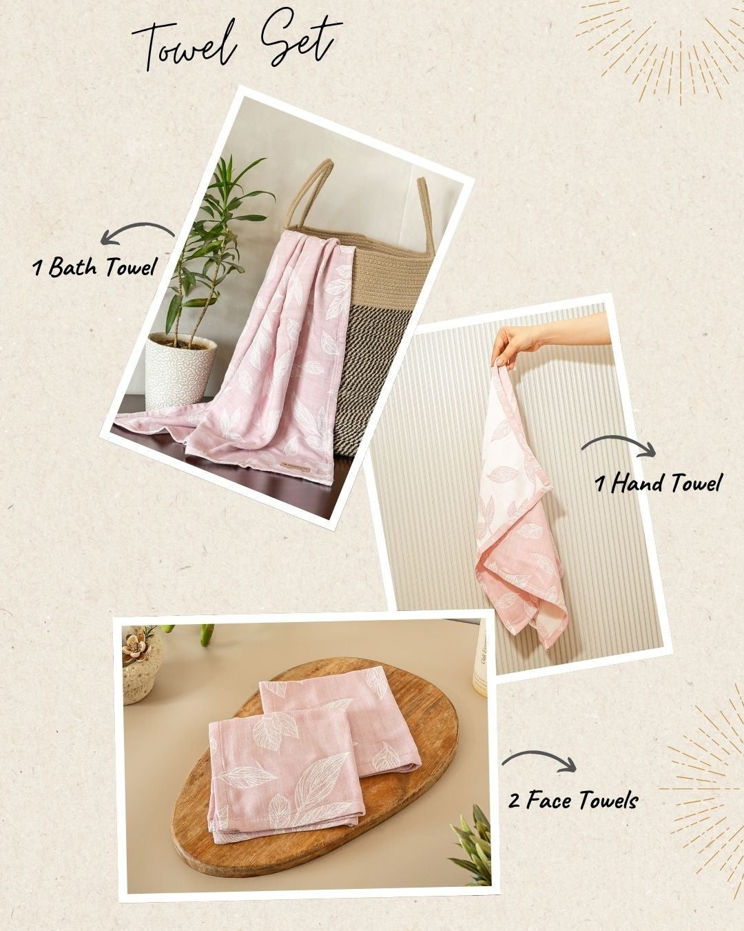 Botanica Jacquard Towel Set of 4 | 1 Bath + 1 Hand + 2 Face Towels | Pink
