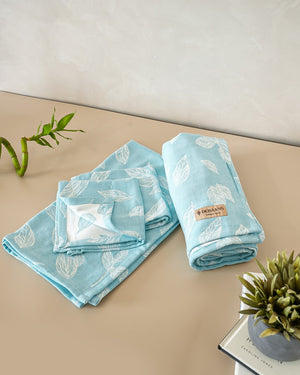 Botanica Jacquard Towel Set of 4 | 1 Bath + 1 Hand + 2 Face Towels | Blue