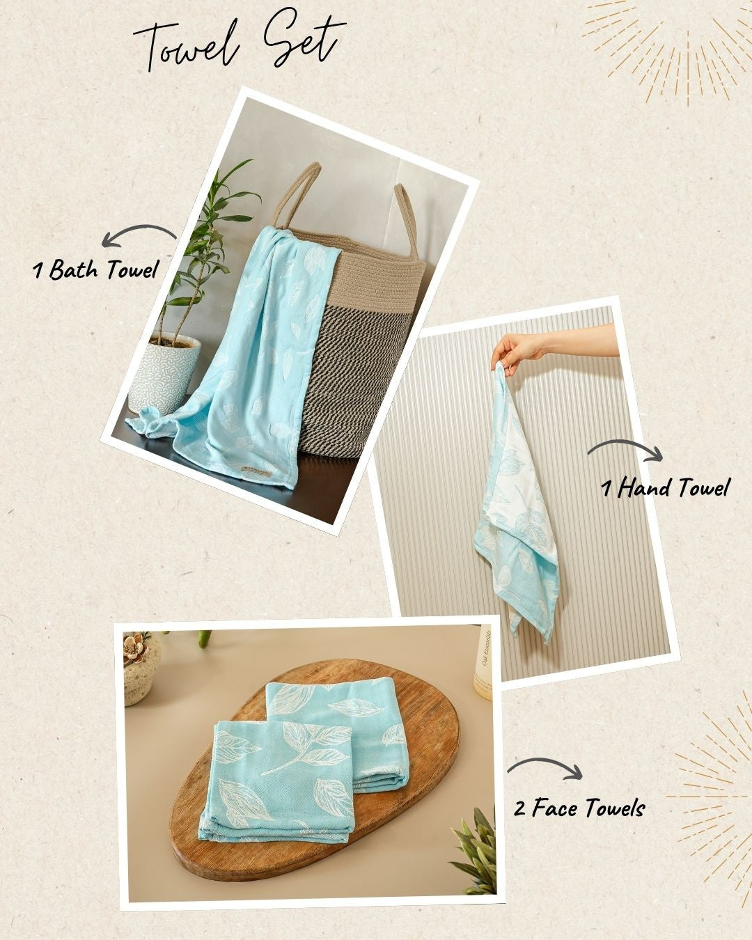 Botanica Jacquard Towel Set of 4 | 1 Bath + 1 Hand + 2 Face Towels | Blue