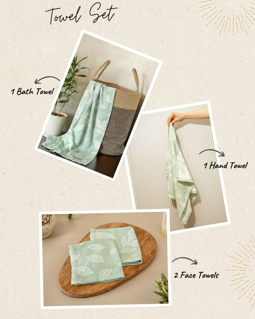 Botanica Jacquard Towel Set of 4 | 1 Bath + 1 Hand + 2 Face Towels | Green