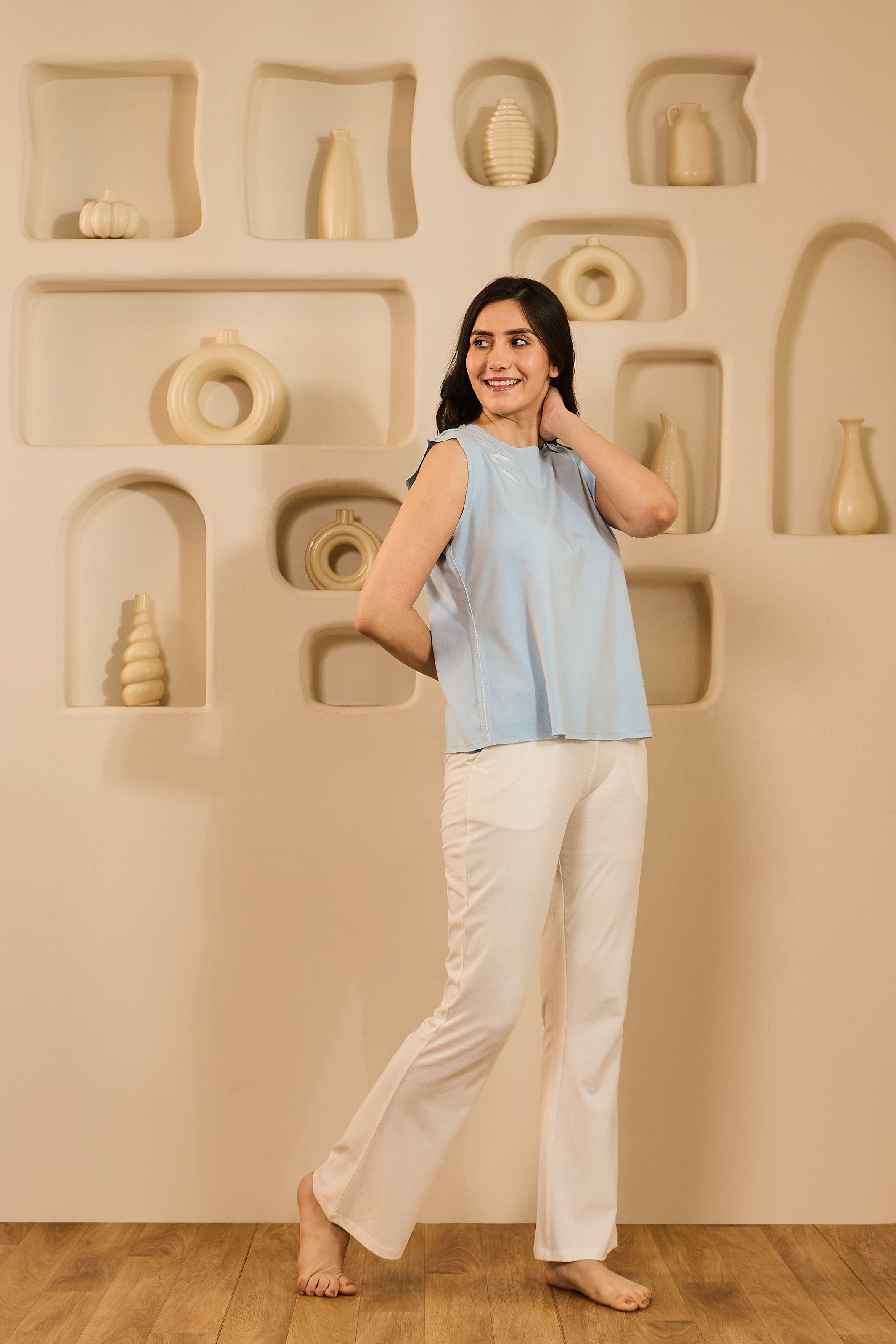 Elin Sleeveless Lounge Set – Sky blue & White