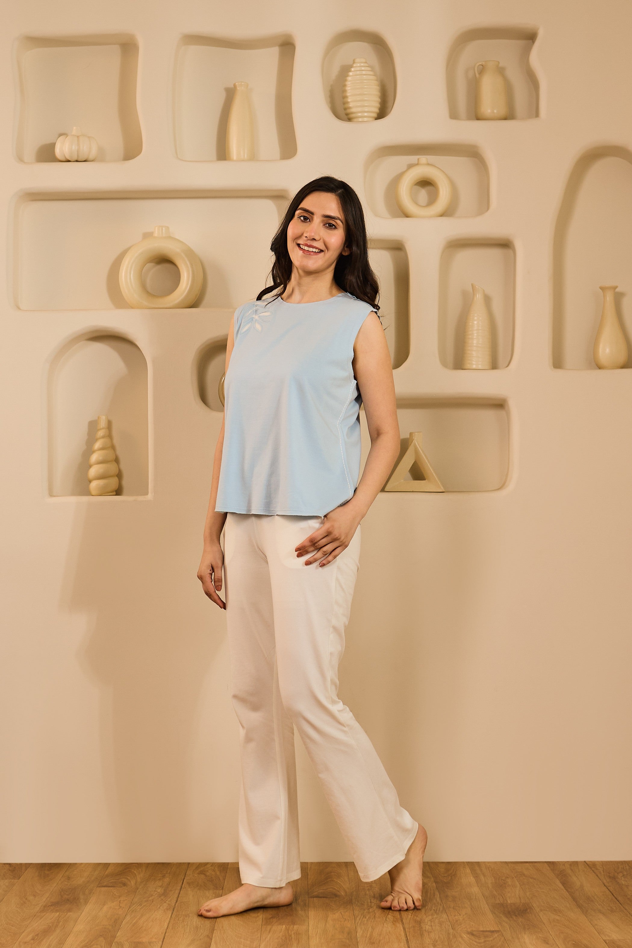 Elin Sleeveless Lounge Set – Sky blue & White