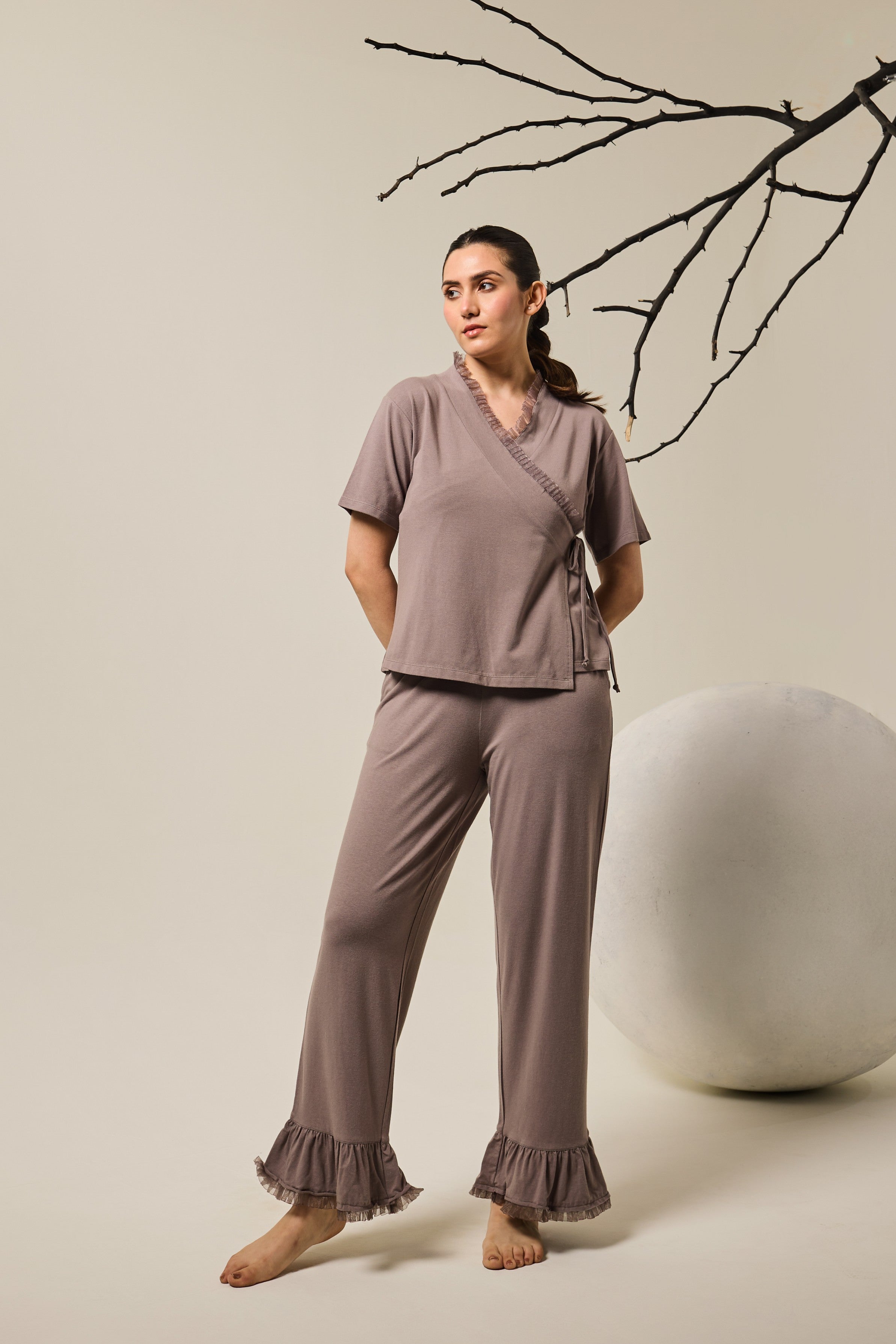 Grace Organza Frill Wrap Top Lounge Set – Steel Gray