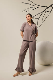 Grace Organza Frill Wrap Top Lounge Set - Steel Gray
