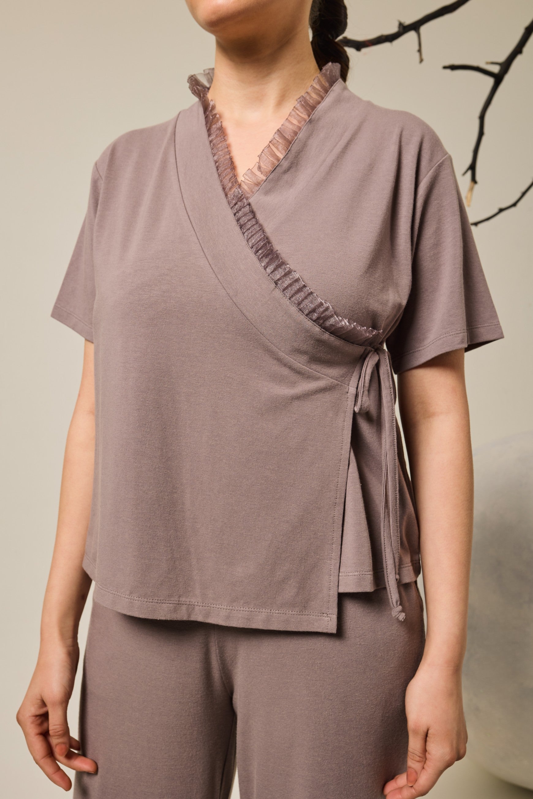 Grace Organza Frill Wrap Top Lounge Set – Steel Gray