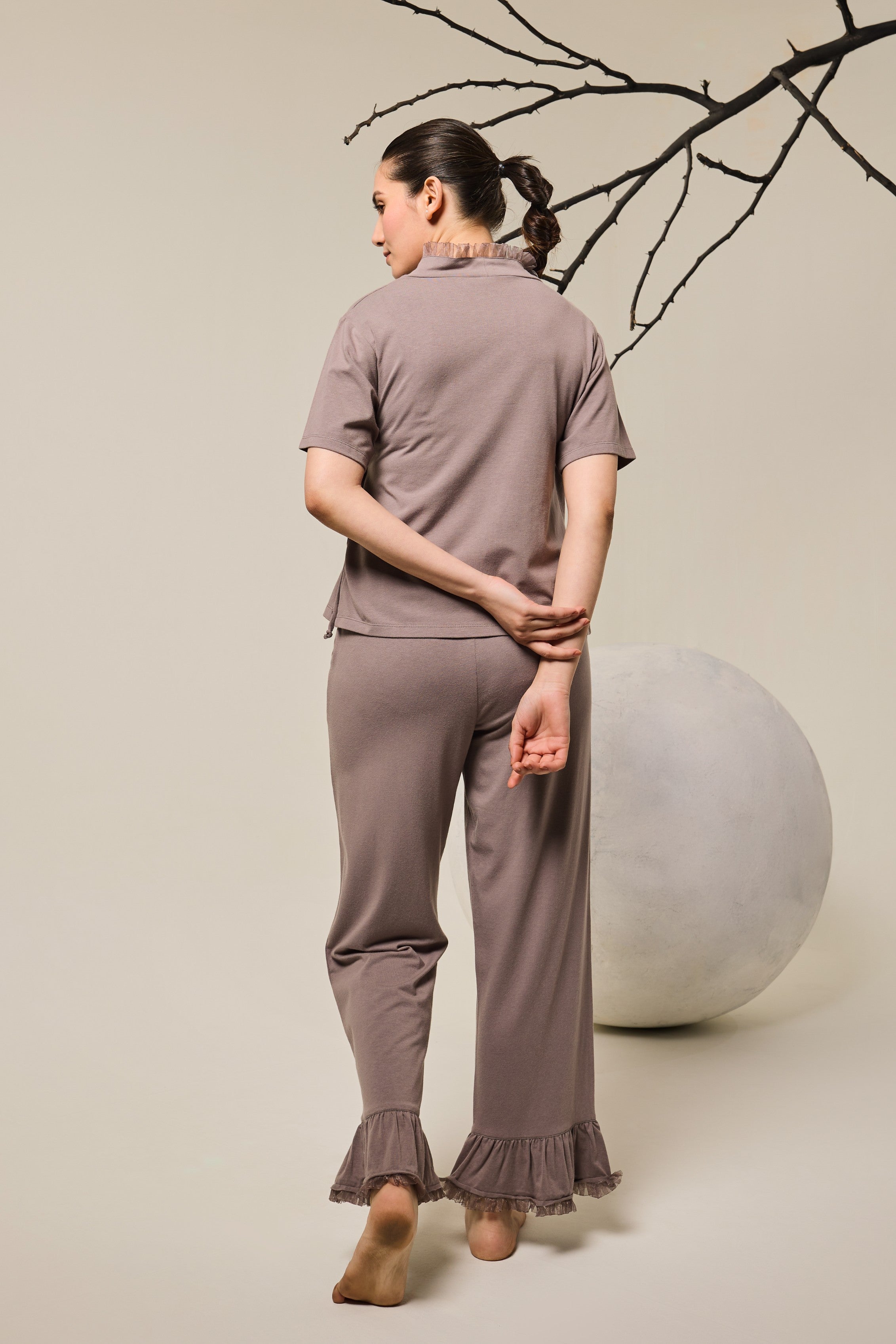 Grace Organza Frill Wrap Top Lounge Set – Steel Gray