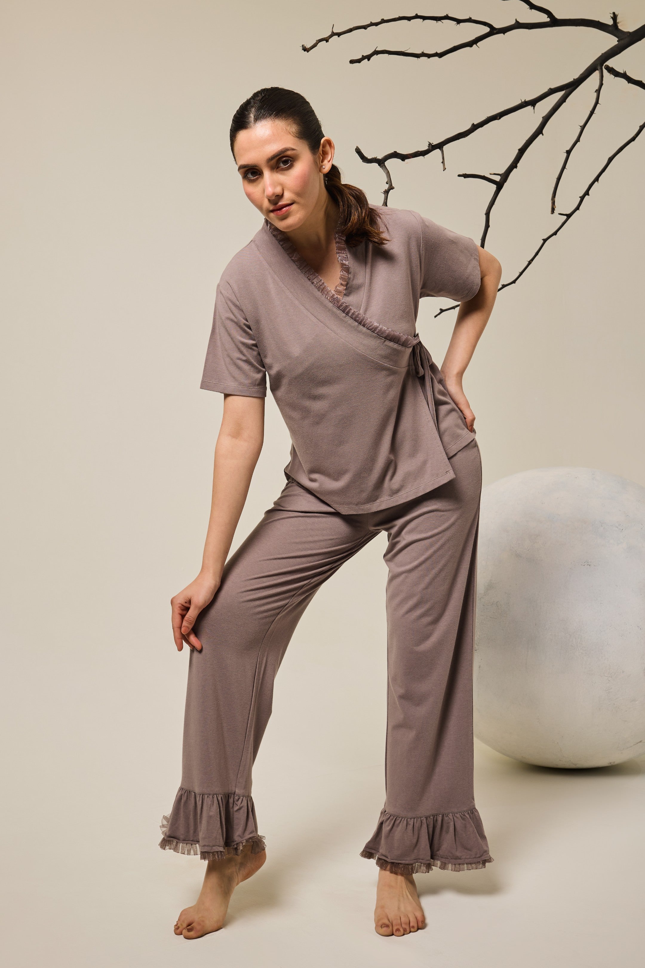 Grace Organza Frill Wrap Top Lounge Set – Steel Gray