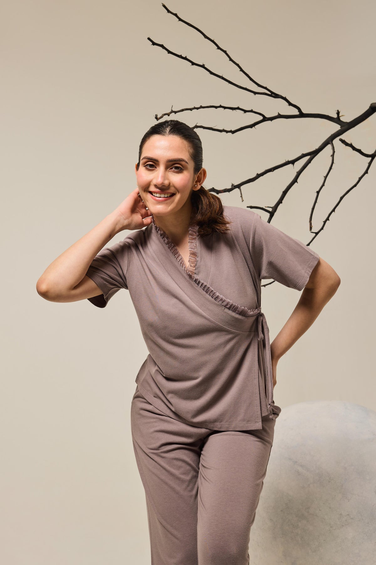 Grace Organza Frill Wrap Top Lounge Set - Steel Gray