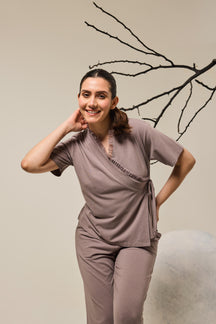 Grace Organza Frill Wrap Top Lounge Set - Steel Gray