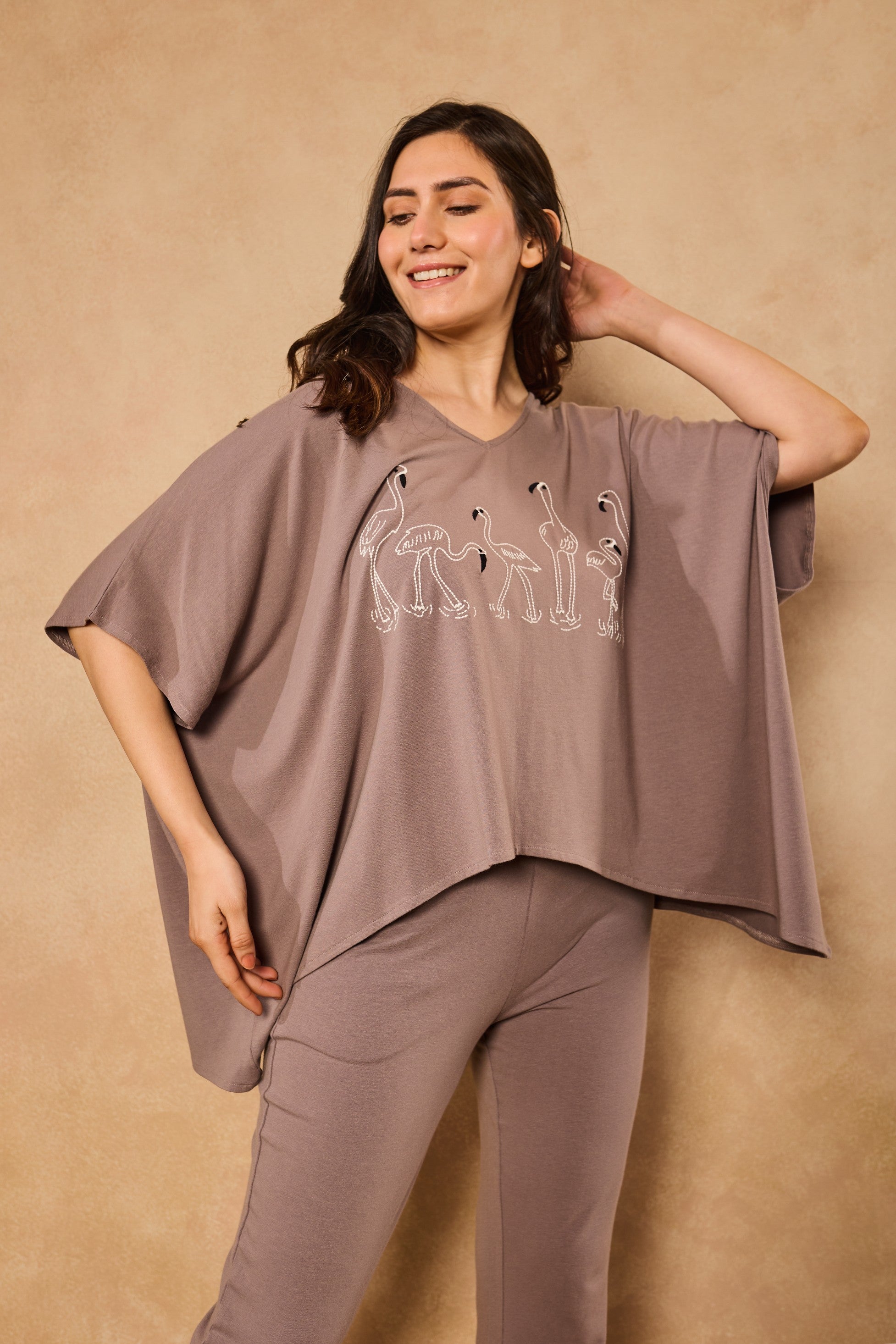Irena Flamingo Kaftan Lounge Set – Steel Gray