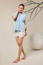 Juno Contrast Flower Patach Pocket shorts set - Sky Blue & White