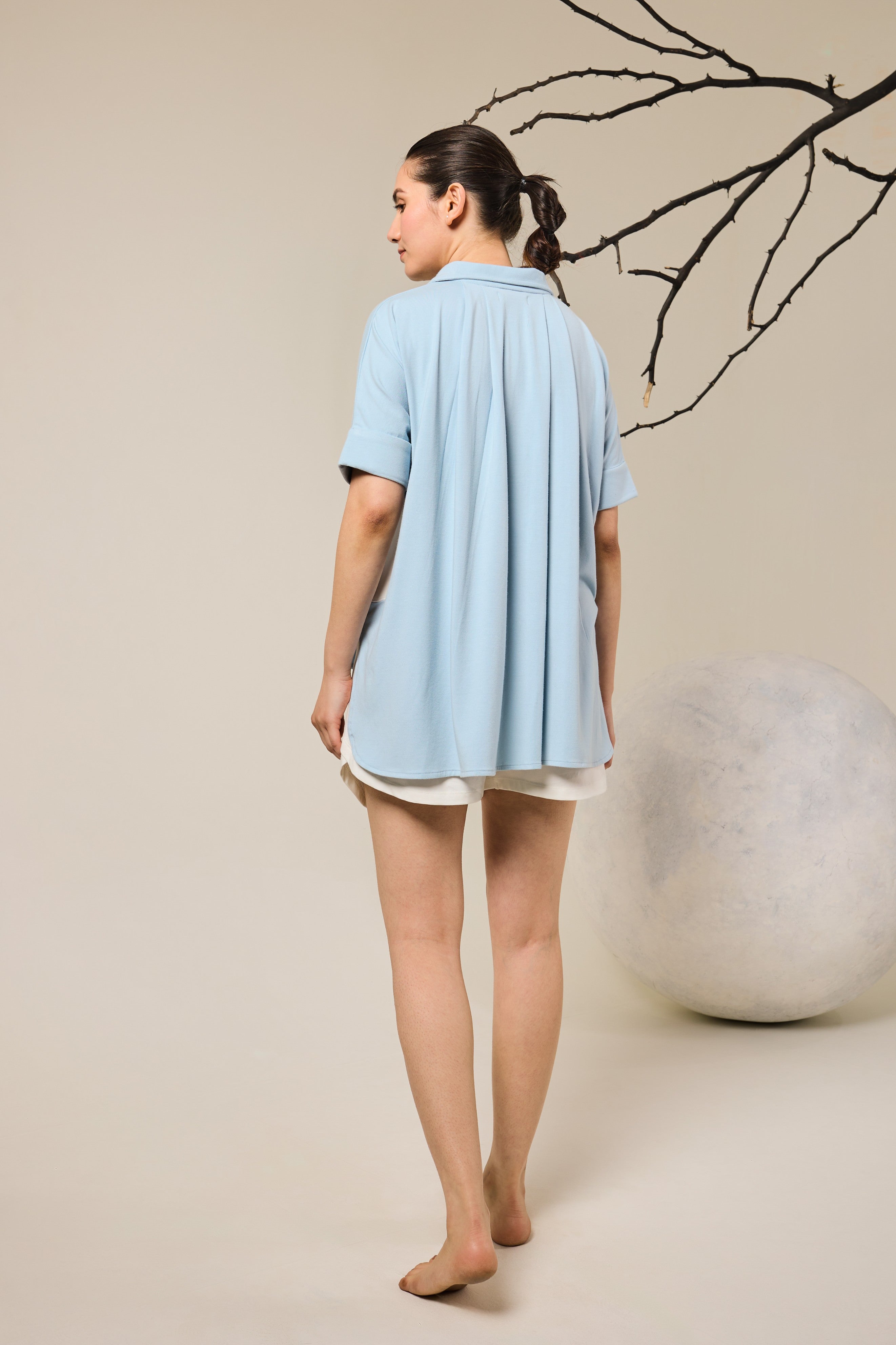 Juno Contrast Flower Patach Pocket shorts set – Sky Blue & White