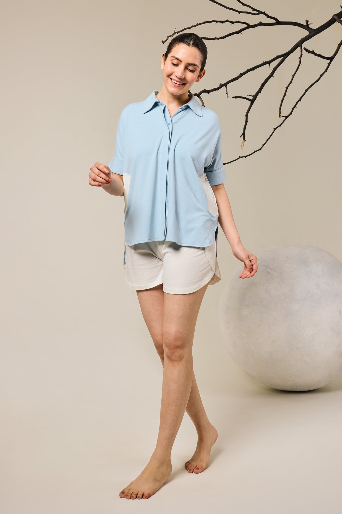 Juno Contrast Flower Patach Pocket shorts set - Sky Blue & White
