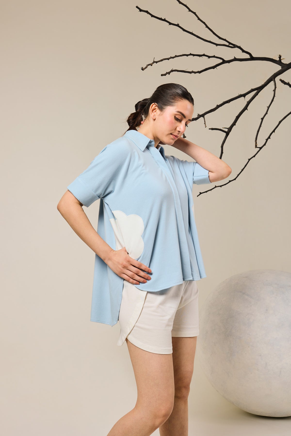 Juno Contrast Flower Patach Pocket shorts set - Sky Blue & White