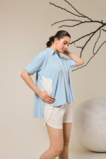 Juno Contrast Flower Patach Pocket shorts set - Sky Blue & White
