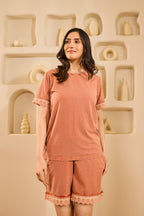 Aria Lace Trim Shorts Set - Rust