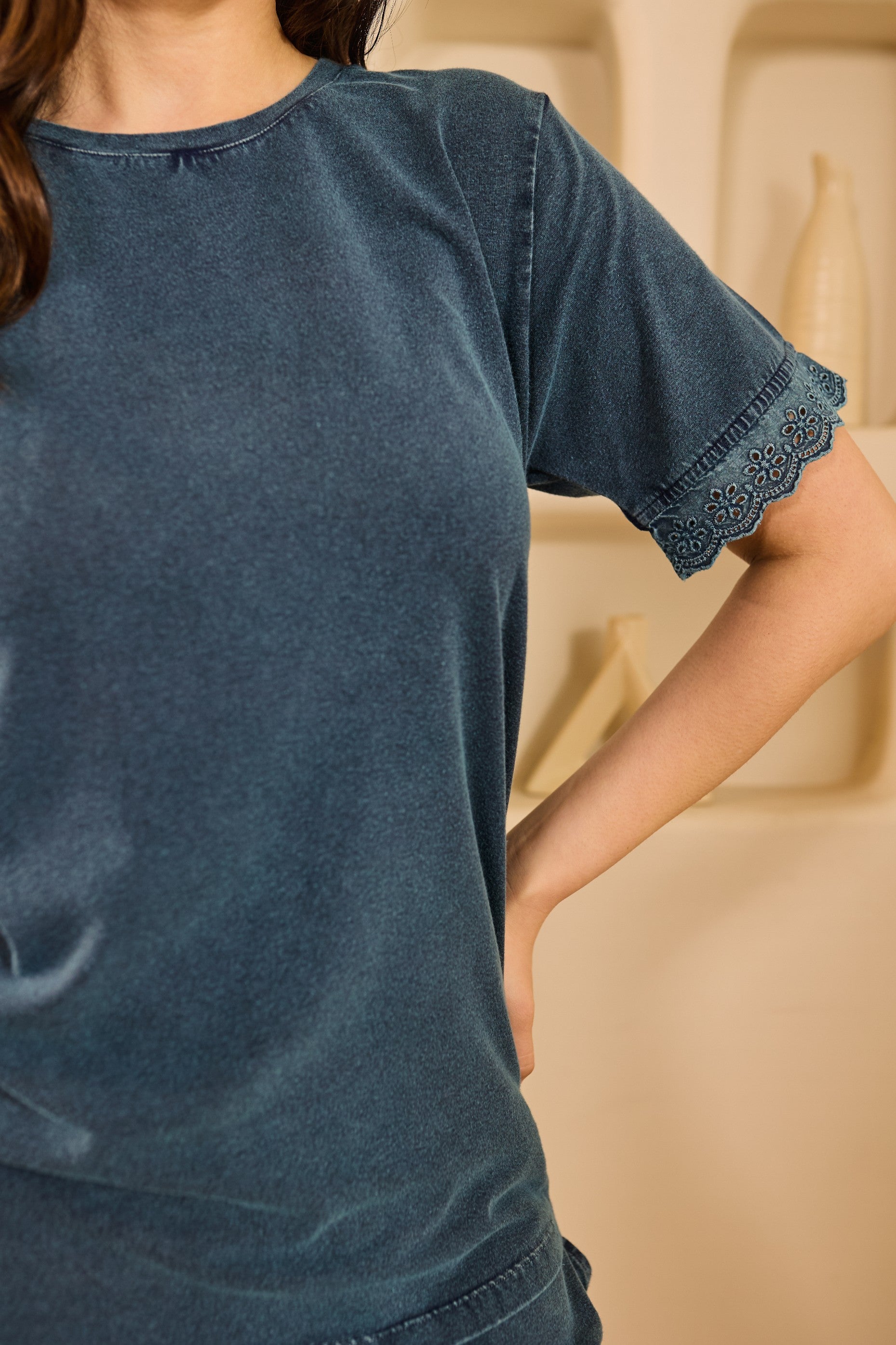 Aria Lace Trim Shorts Set – Teal