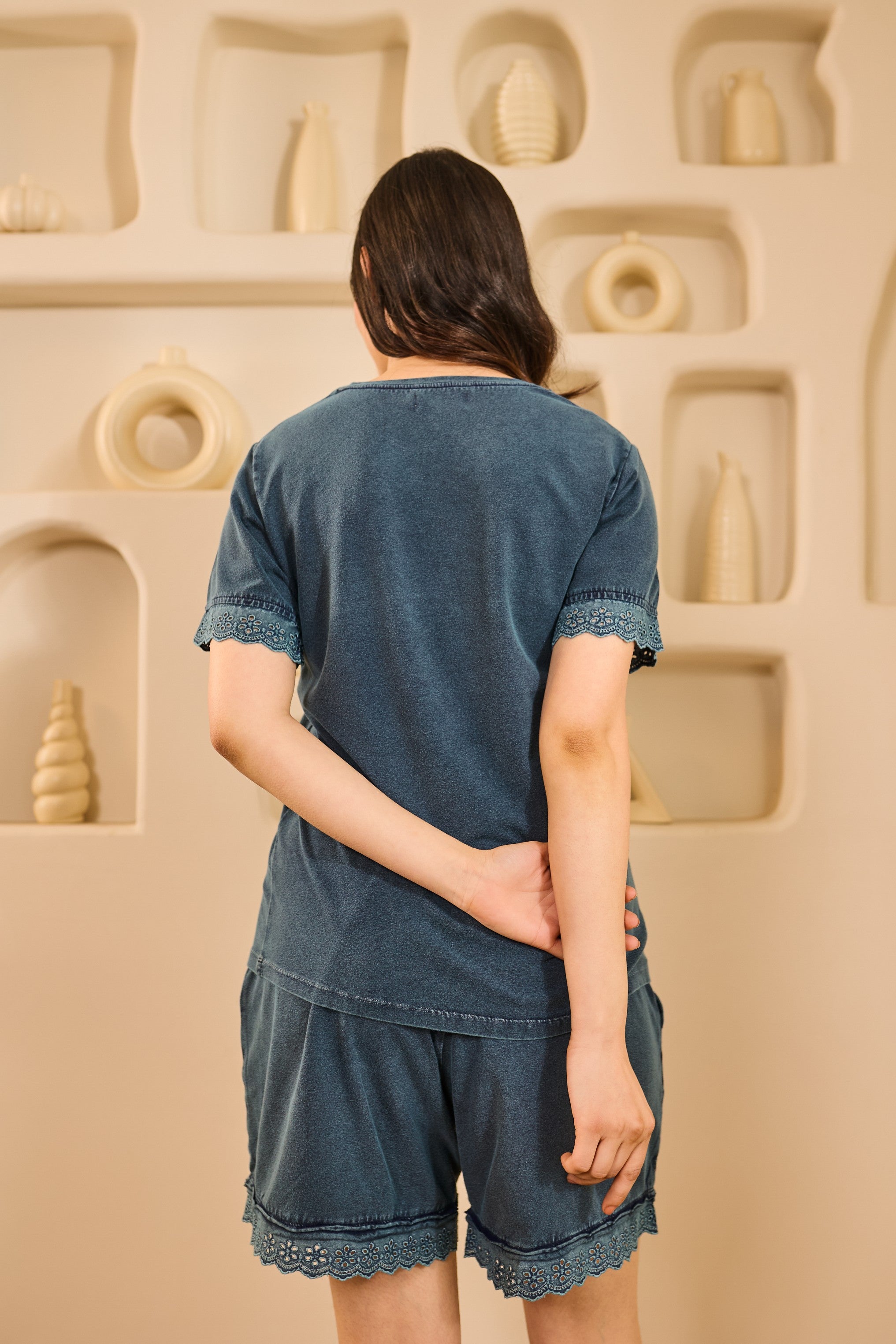 Aria Lace Trim Shorts Set – Teal