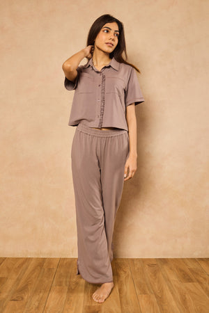 Emma Organza Trim Crop Top Lounge Set – Steel Gray