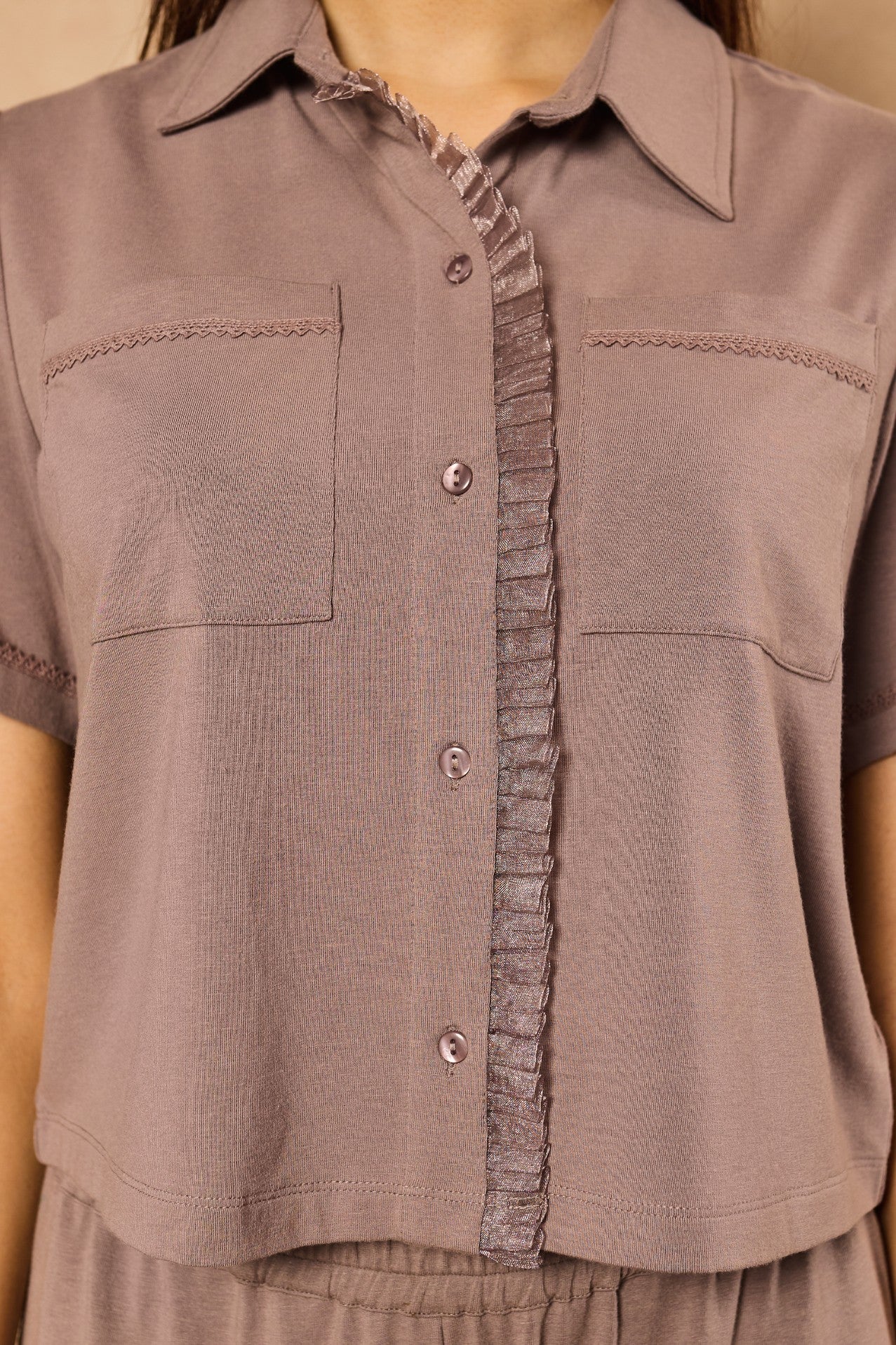 Emma Organza Trim Crop Top Lounge Set – Steel Gray