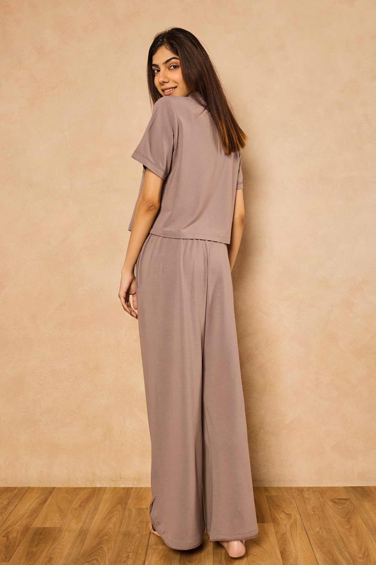 Emma Organza Trim Crop Top Lounge Set - Steel Gray