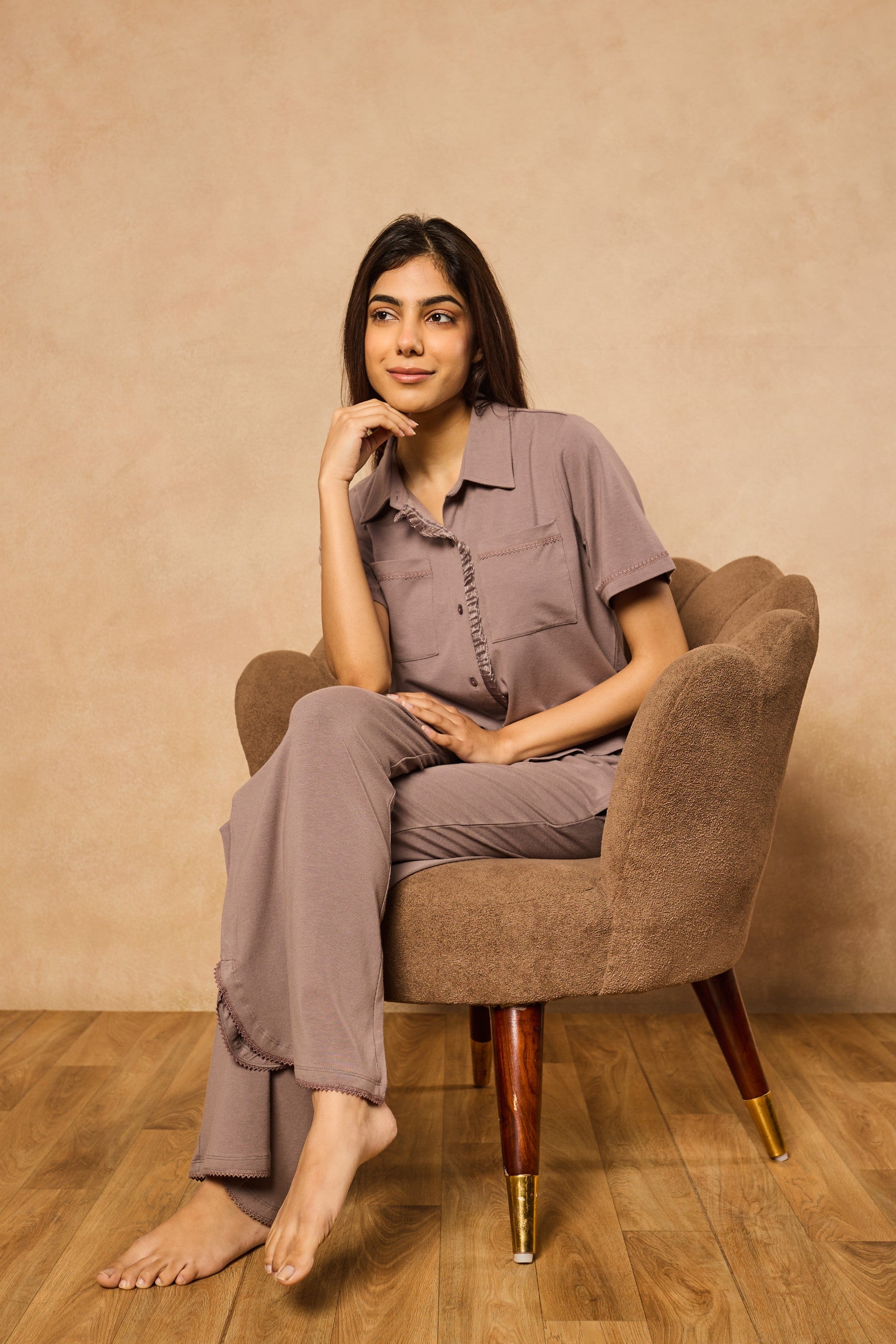 Emma Organza Trim Crop Top Lounge Set – Steel Gray