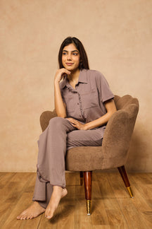 Emma Organza Trim Crop Top Lounge Set - Steel Gray