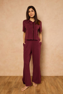 Emma Organza Trim Crop Top Lounge Set - Wine
