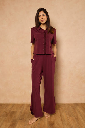 Emma Organza Trim Crop Top Lounge Set - Wine