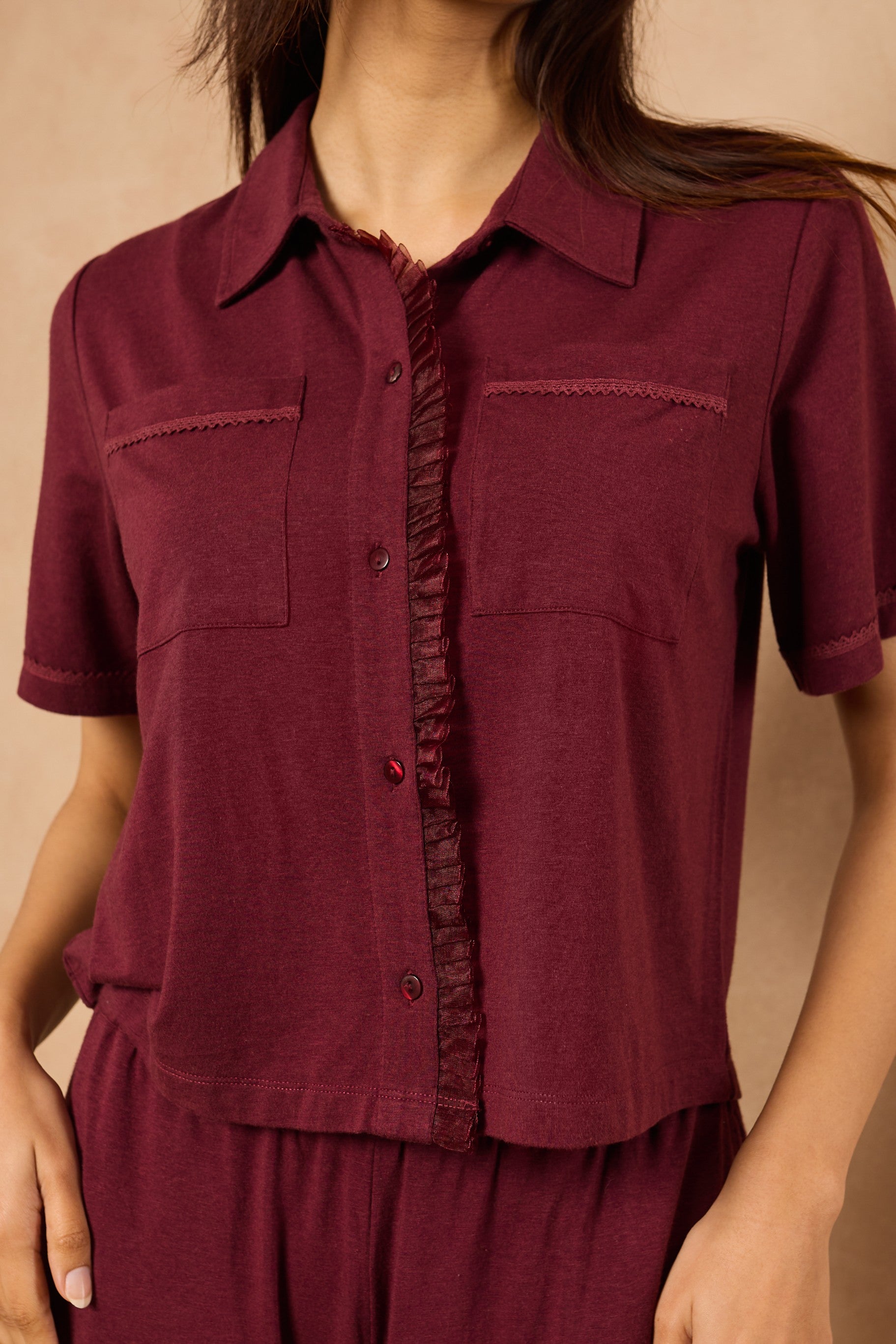 Emma Organza Trim Crop Top Lounge Set - Wine