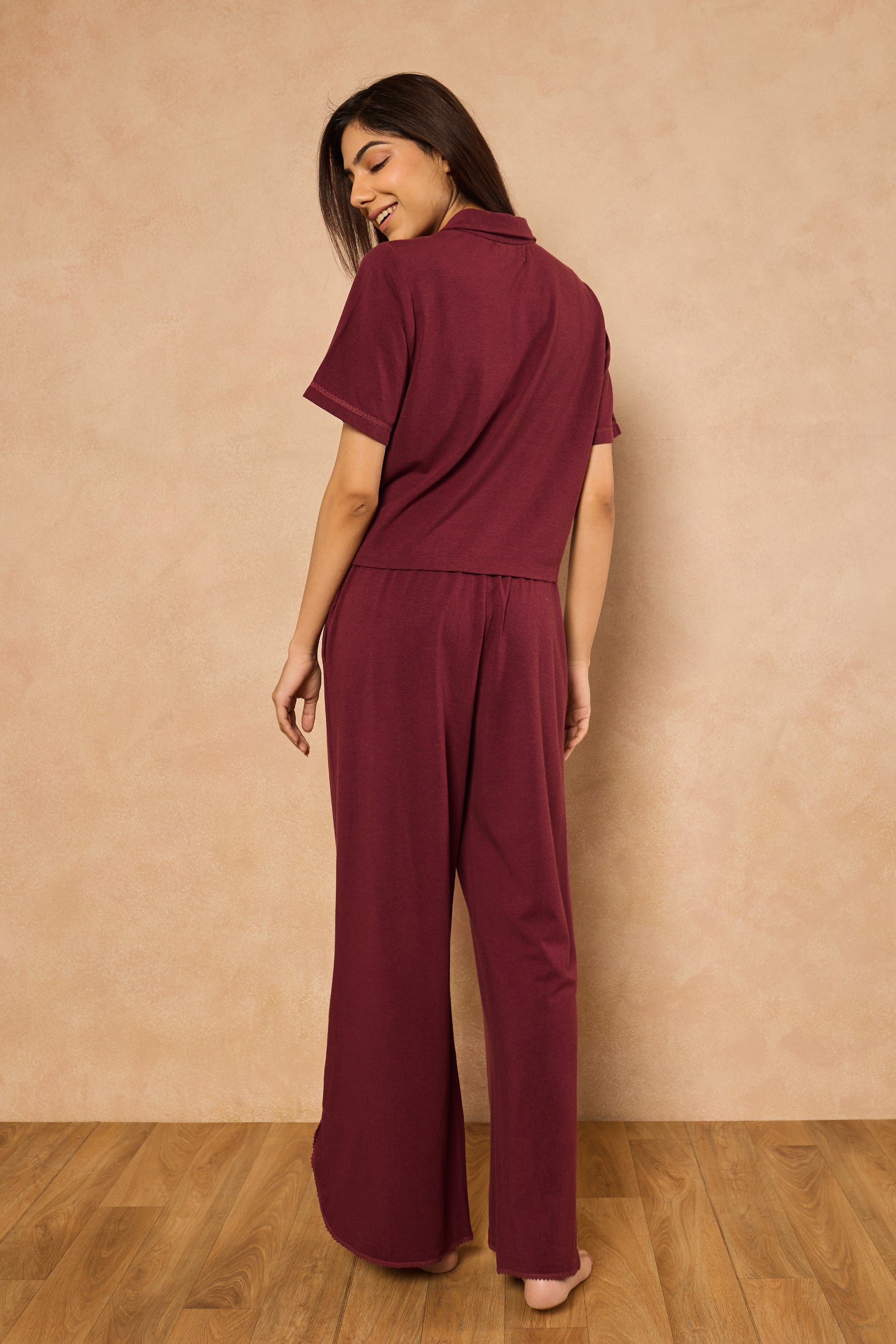 Emma Organza Trim Crop Top Lounge Set - Wine