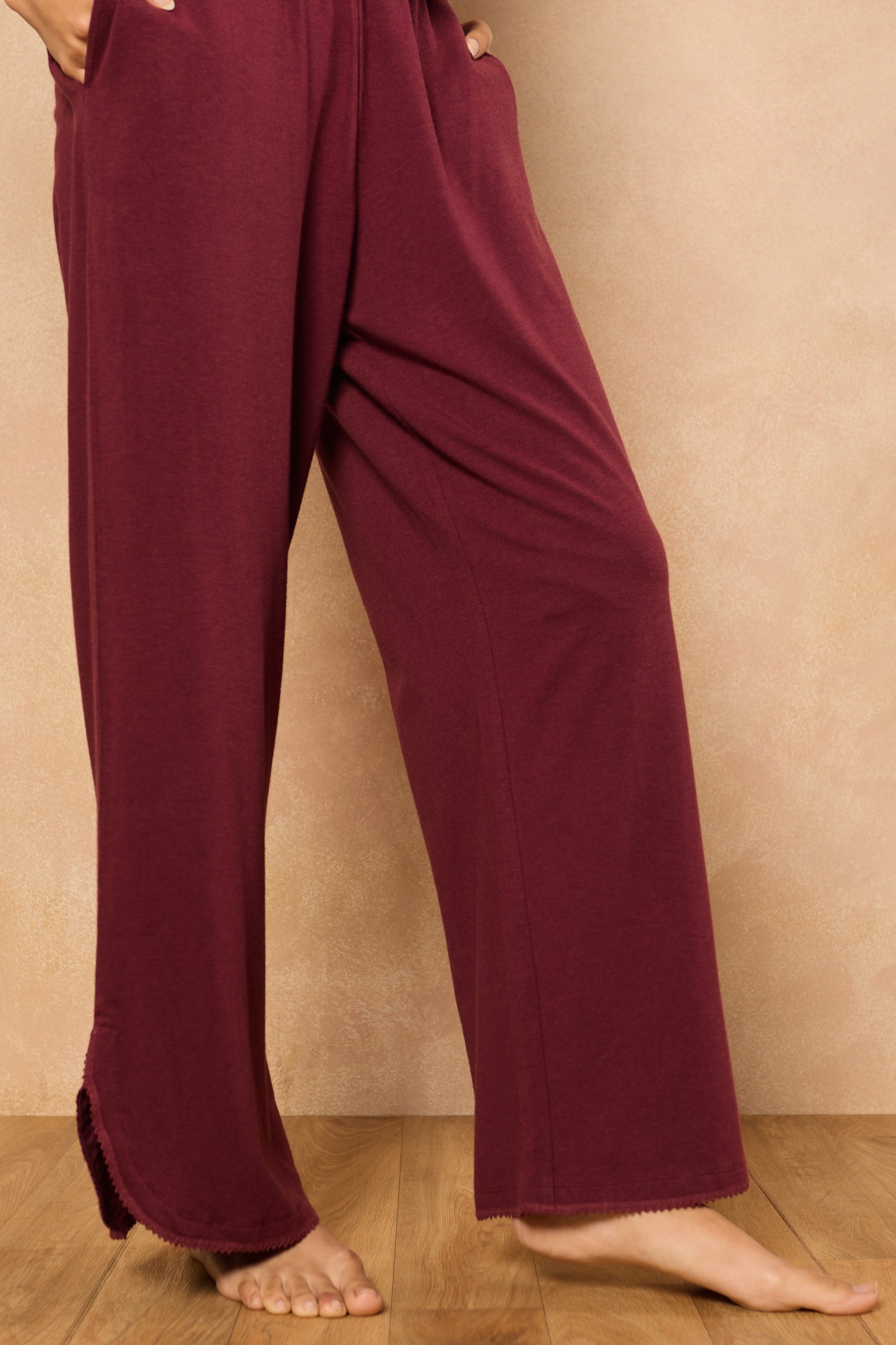 Emma Organza Trim Crop Top Lounge Set - Wine