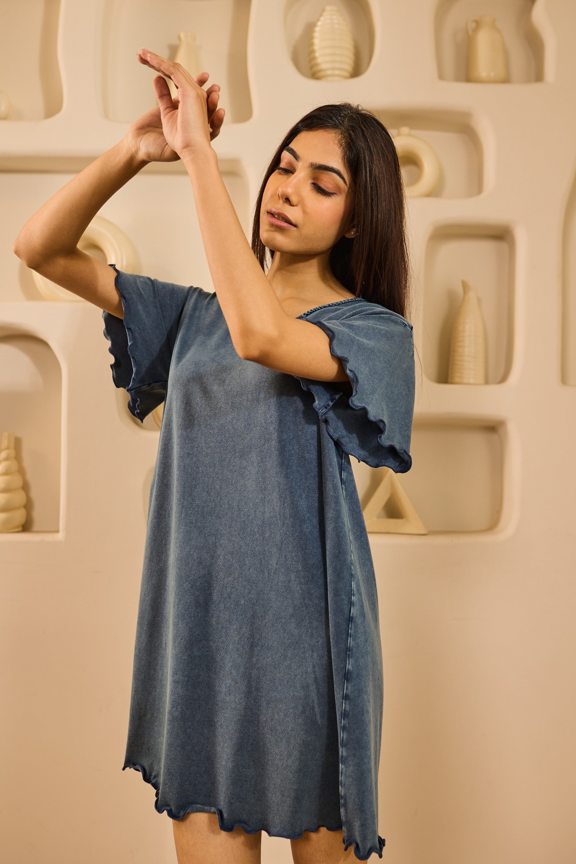 Ginny Relaxed Fit Knee-Length Nightdress - Denim Blue