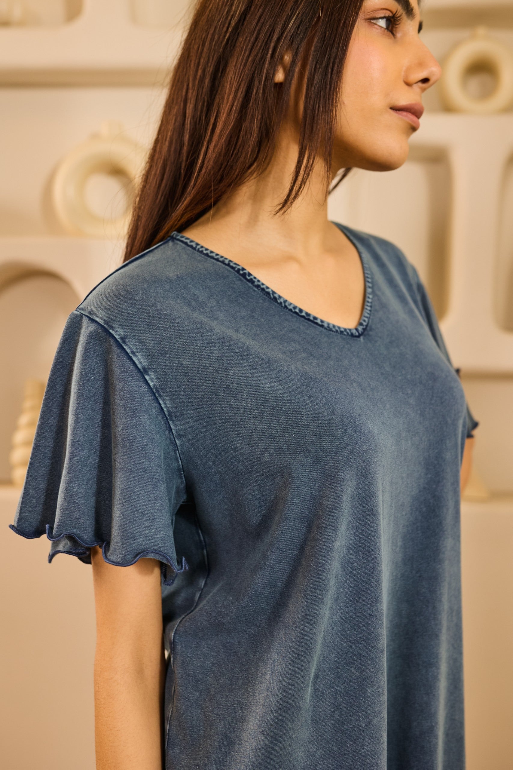 Ginny Relaxed Fit Knee-Length Nightdress - Denim Blue