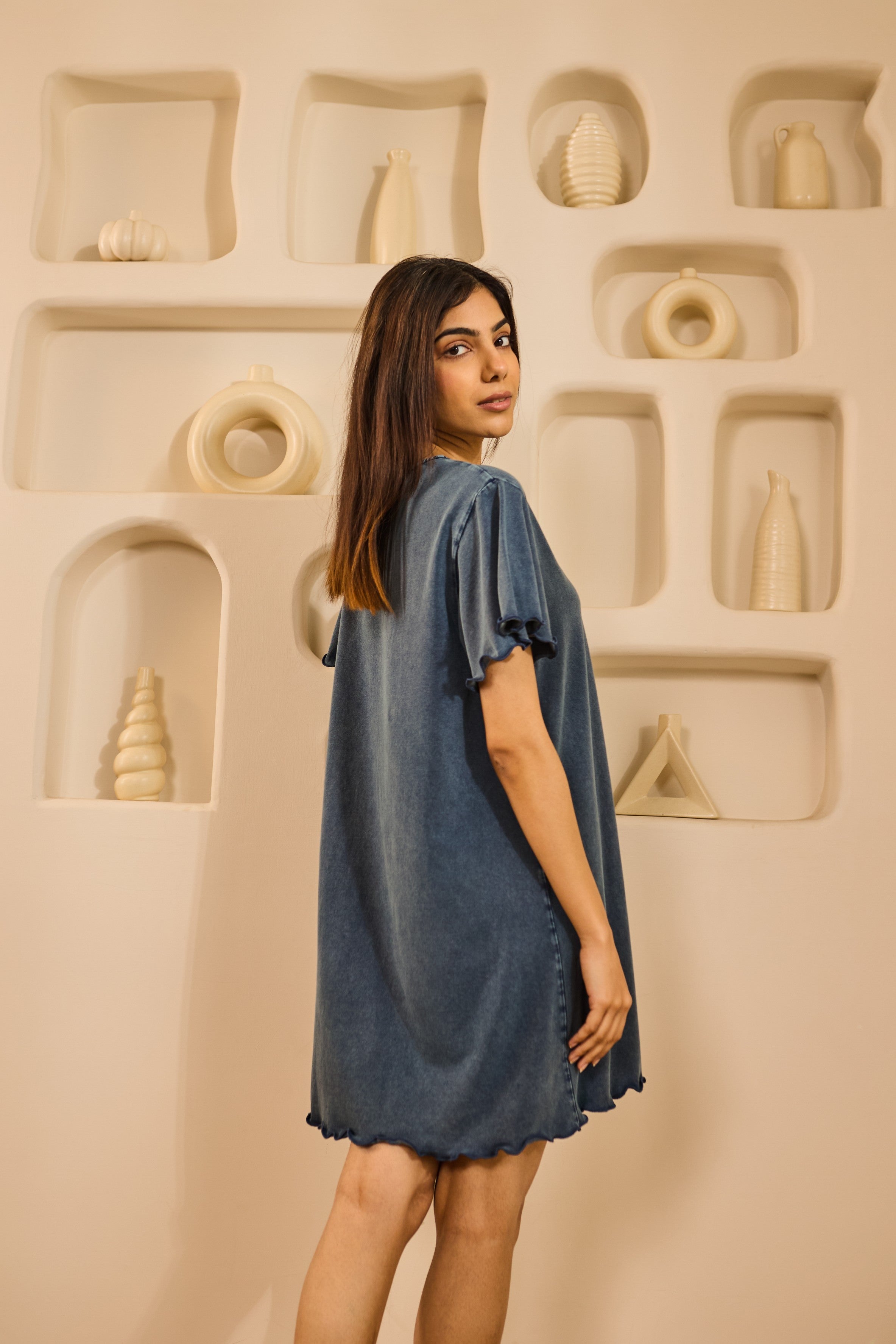 Ginny Relaxed Fit Knee-Length Nightdress - Denim Blue