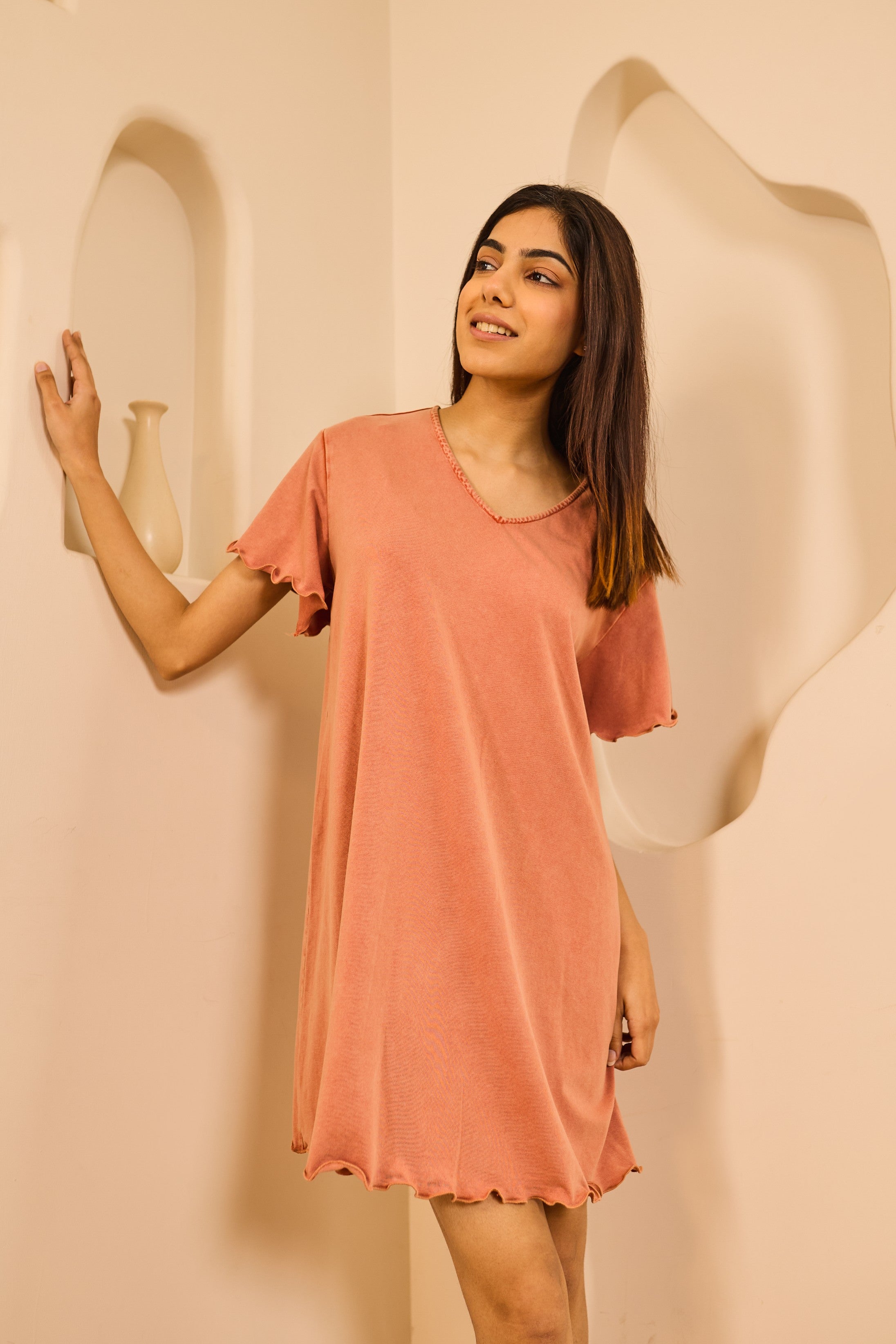 Ginny Relaxed Fit Knee-Length Nightdress - Rust