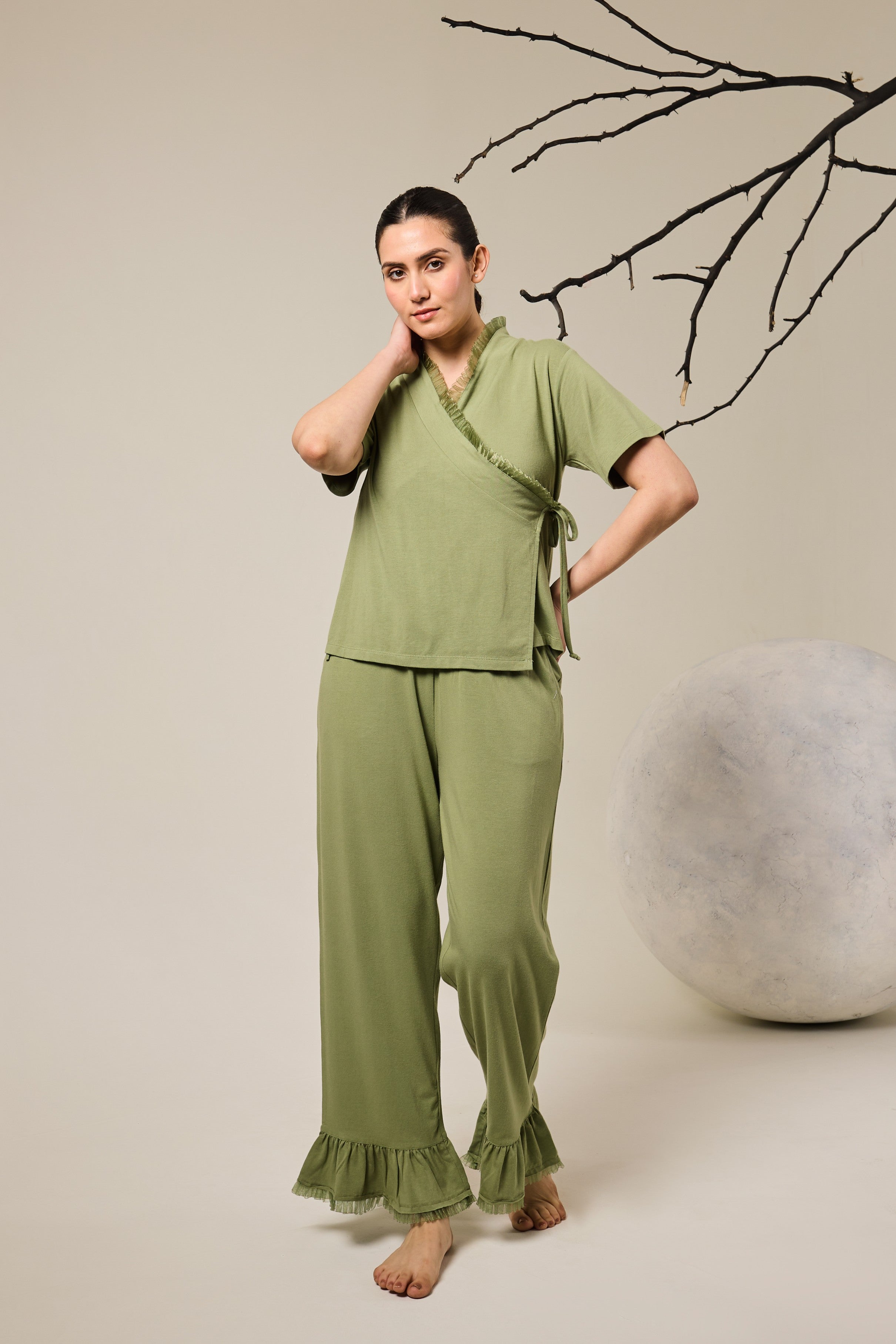 Grace Organza Frill Wrap Top Lounge Set - Olive