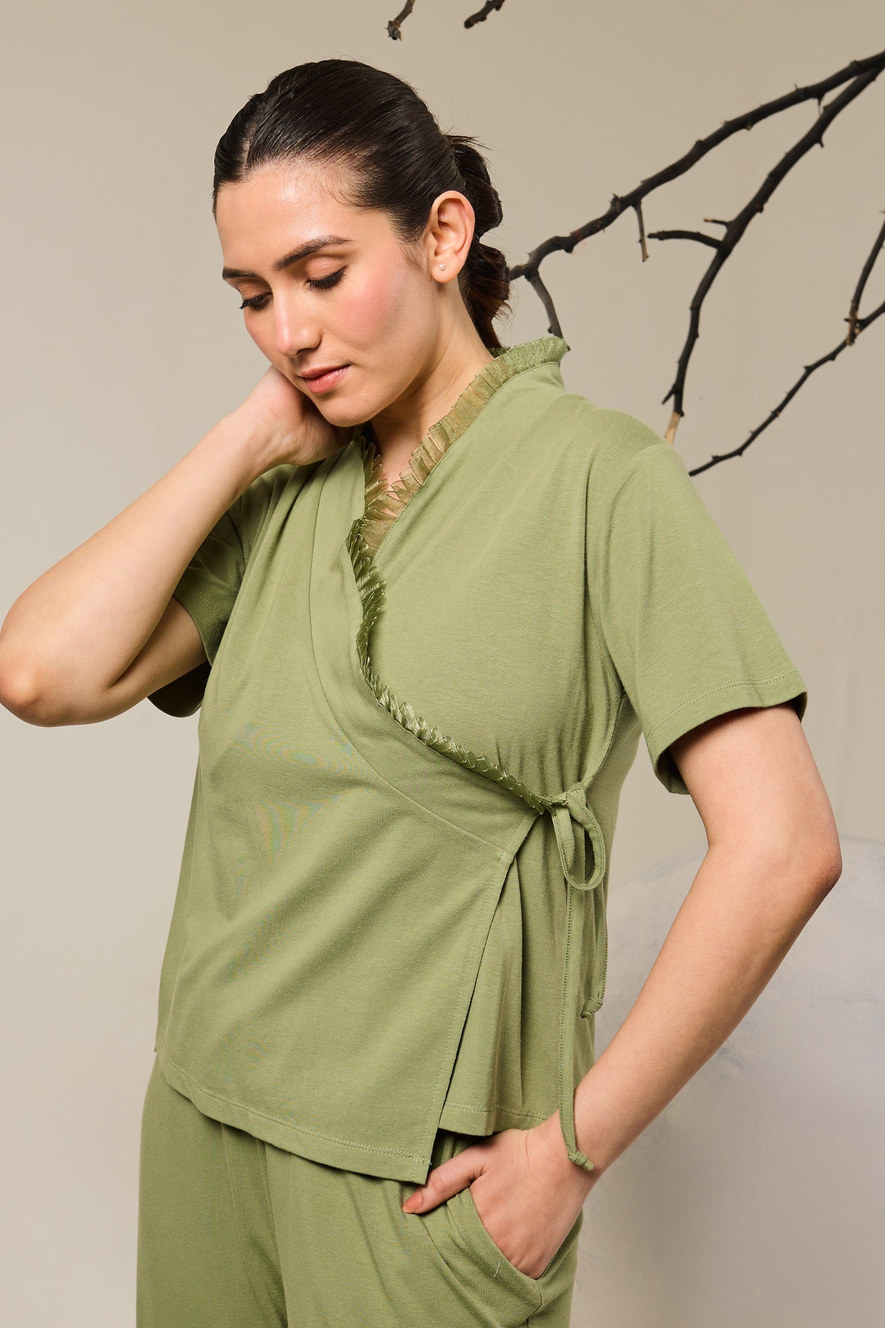 Grace Organza Frill Wrap Top Lounge Set - Olive