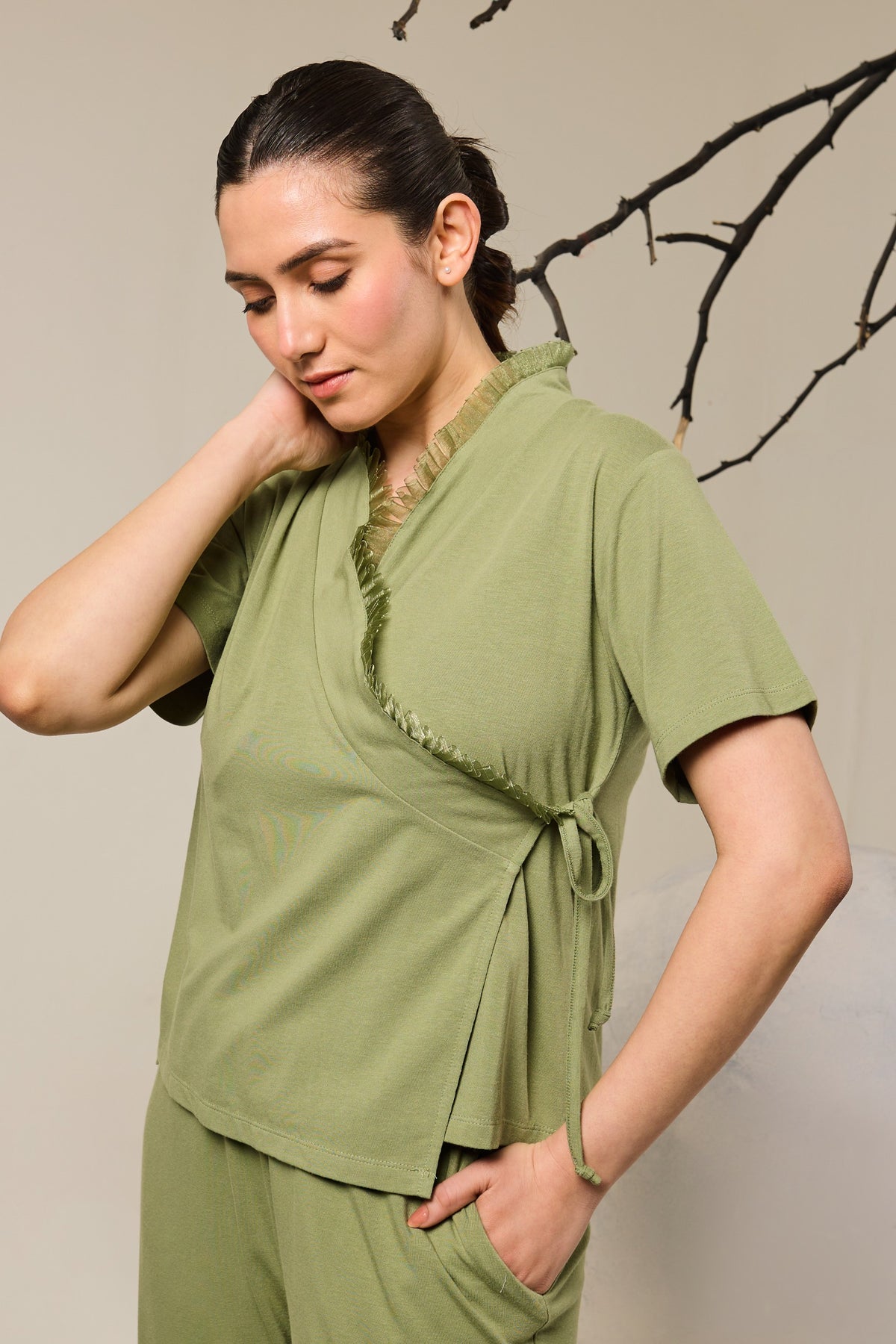 Grace Organza Frill Wrap Top Lounge Set - Olive