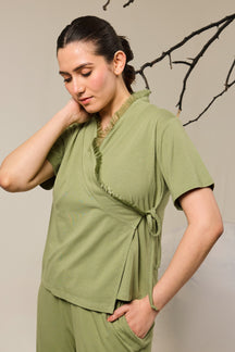 Grace Organza Frill Wrap Top Lounge Set - Olive
