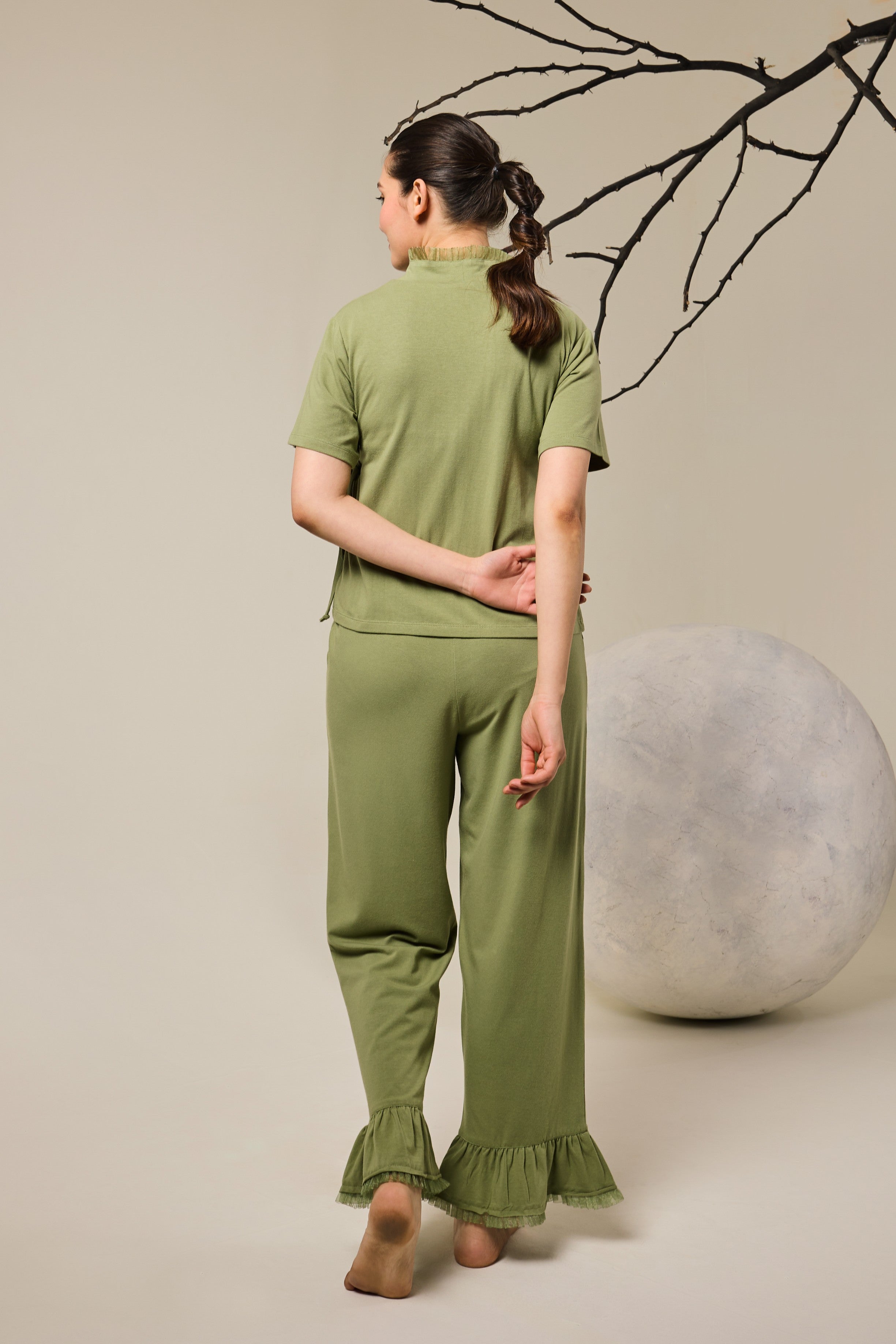 Grace Organza Frill Wrap Top Lounge Set - Olive