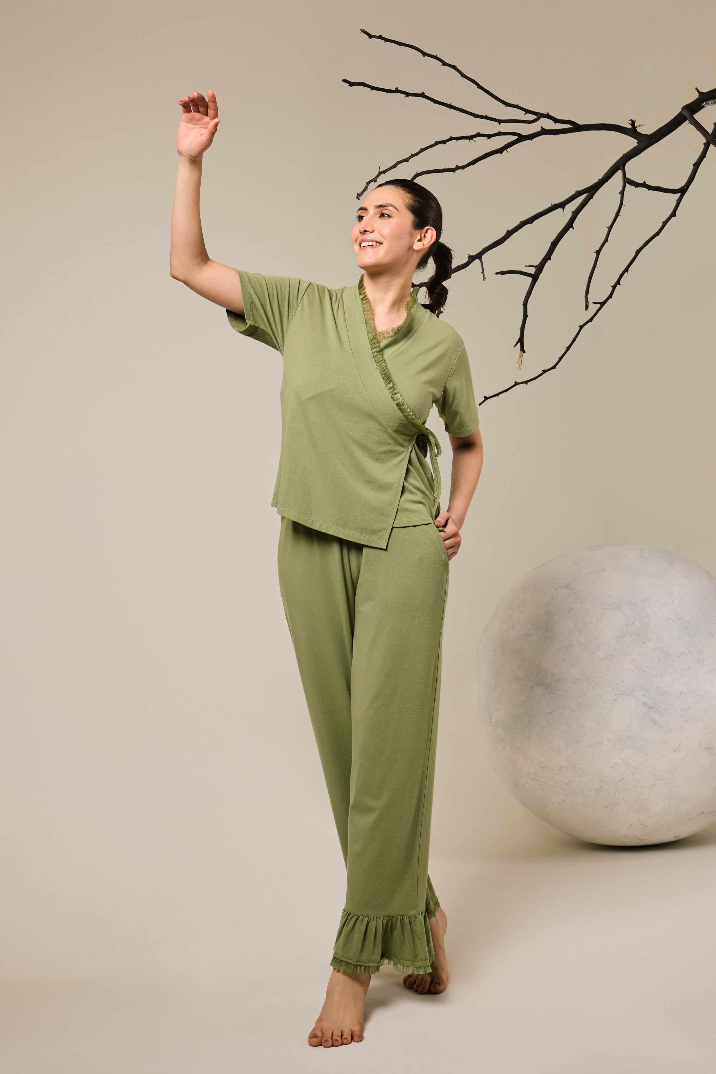 Grace Organza Frill Wrap Top Lounge Set - Olive