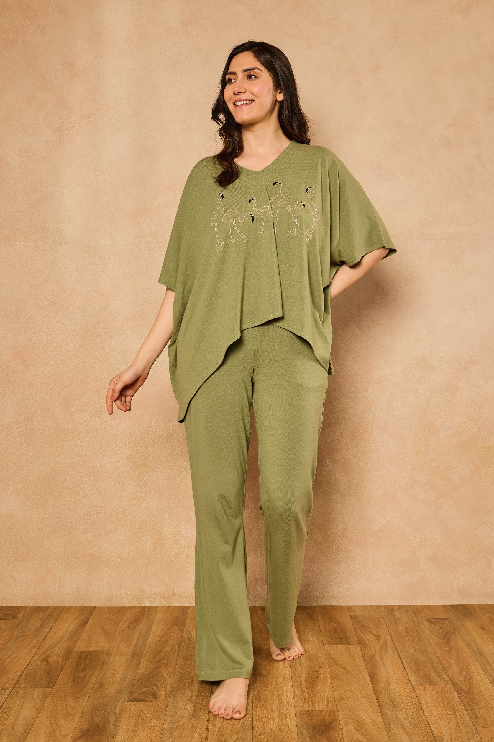 Irena Flamingo Kaftan Lounge Set - Olive