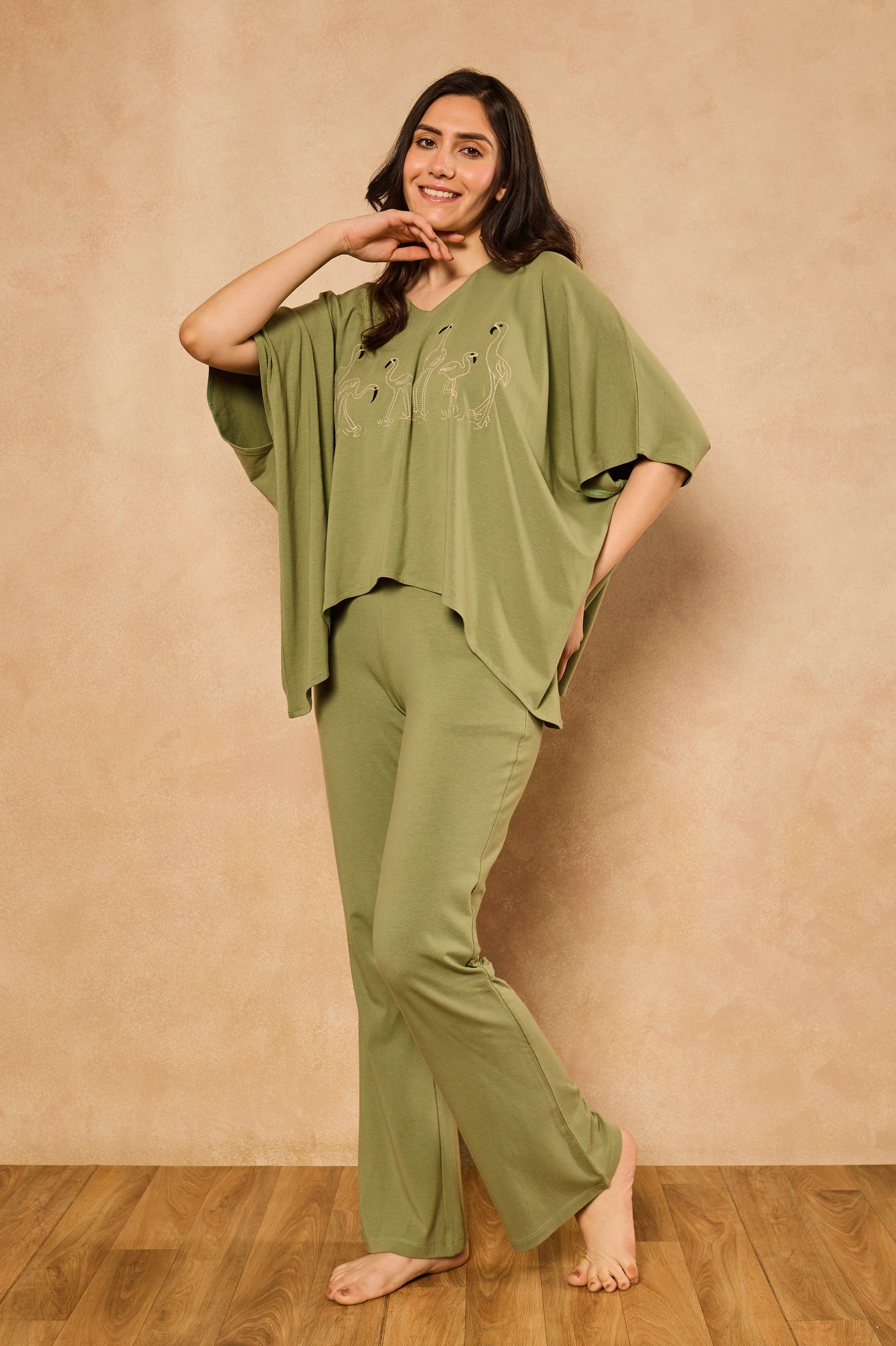 Irena Flamingo Kaftan Lounge Set - Olive