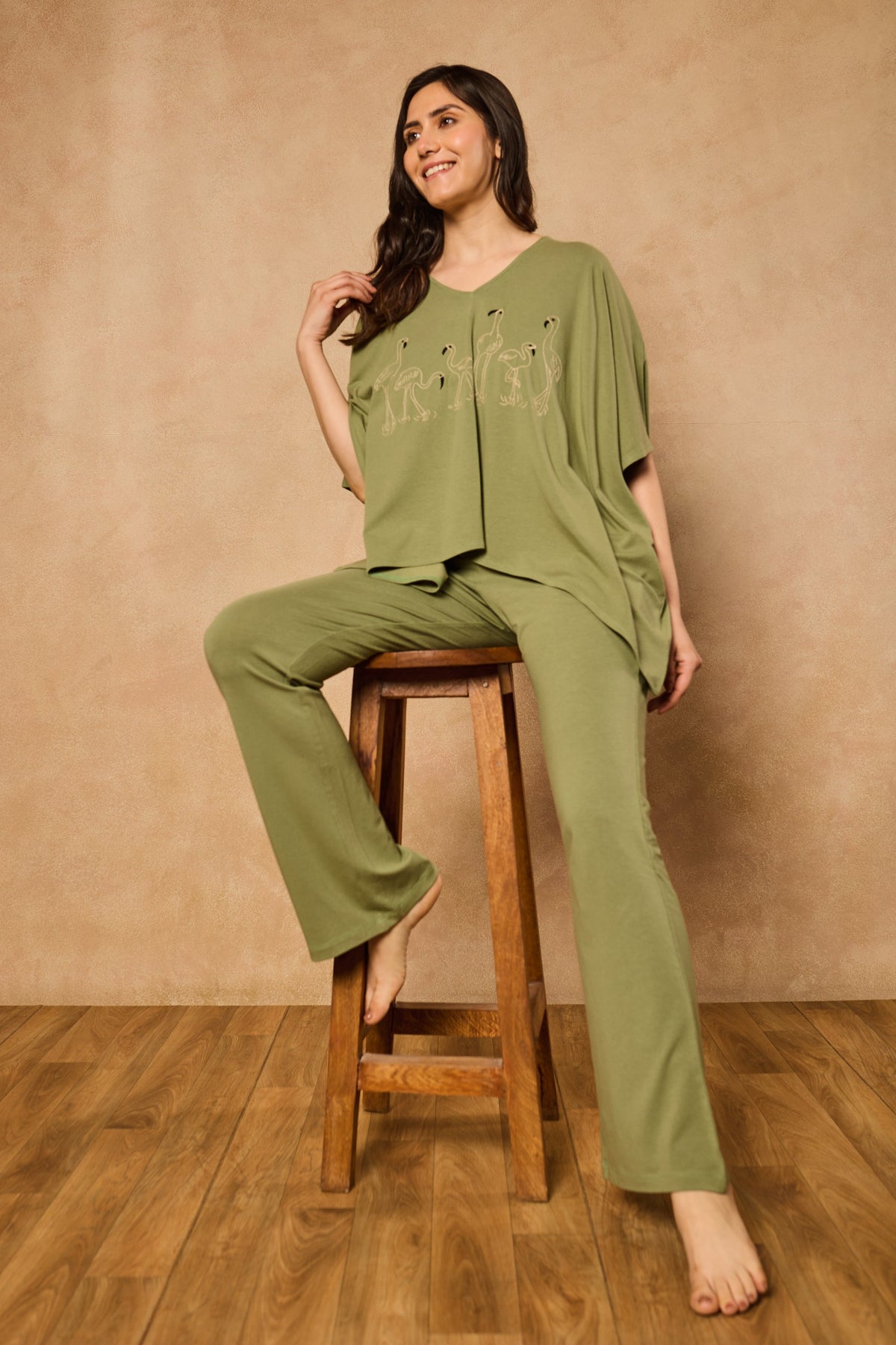 Irena Flamingo Kaftan Lounge Set - Olive