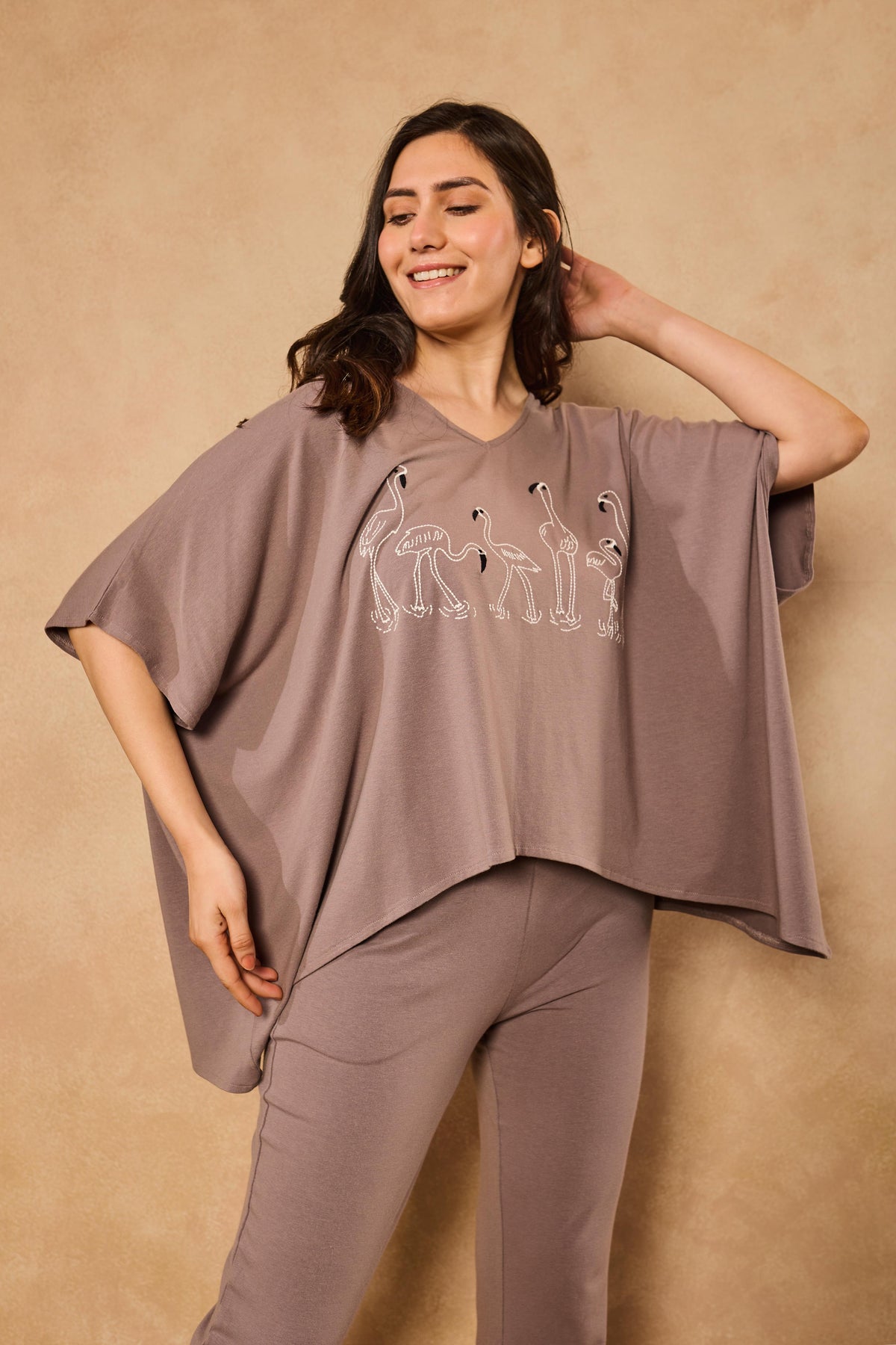 Irena Flamingo Kaftan Lounge Set ‚ Steel Gray
