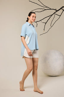 Juno Contrast Flower Patach Pocket shorts set - Sky Blue & White